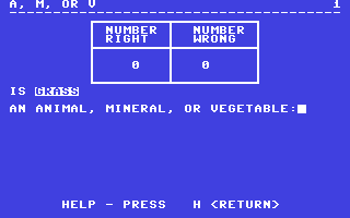 C64 GameBase AVorM_-_Animal,_Vegetable_or_Mineral Commodore_Educational_Software 1983