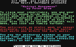 C64 GameBase Hatchet_Honeymoon Free_Spirit_Software,_Inc. 1988
