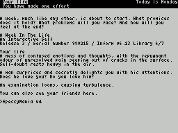 ZX GameBase [Zxzvm]_Week_in_the_Life,_A:_An_Interactive_Self Neil_James_Brown 1998